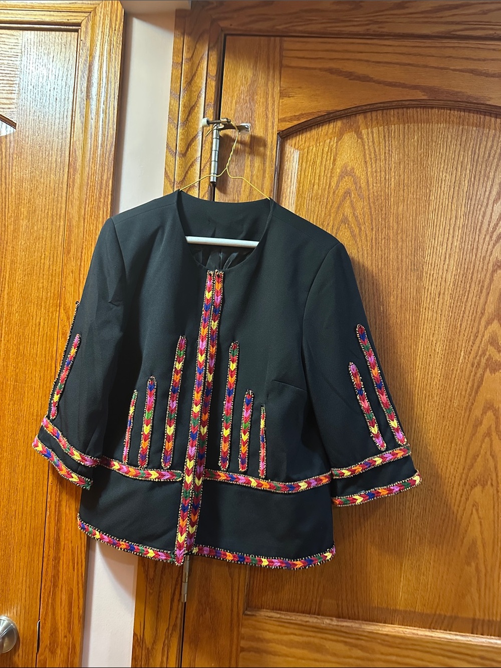Black Embellished Women's Jacket with Multicolor Trim